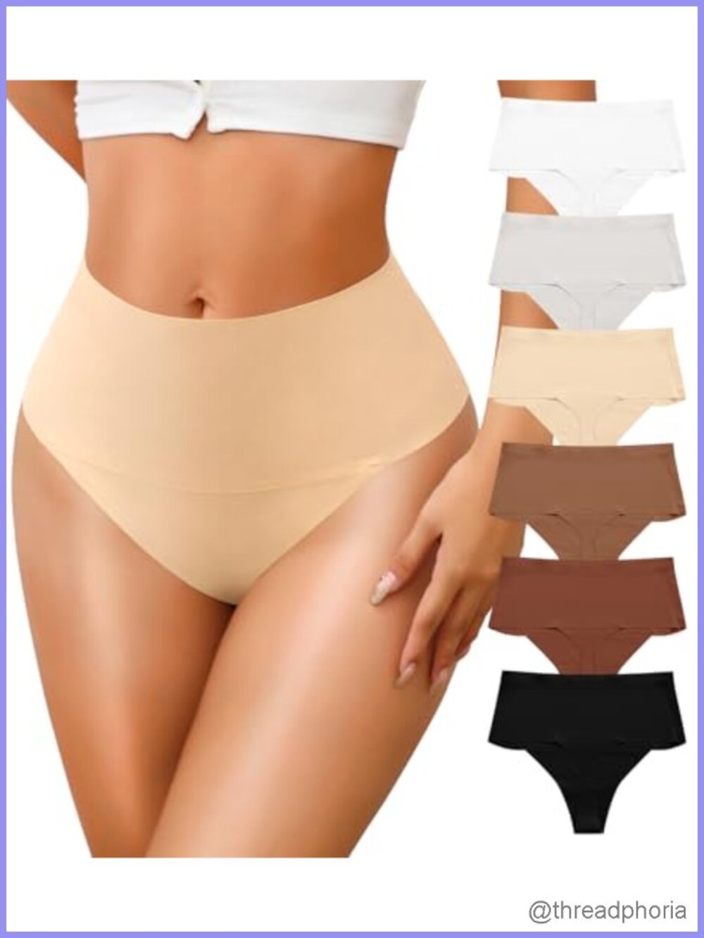 High Waisted Seamless Thongs for Women 6 Pack No Show Panties Cotton Crotch